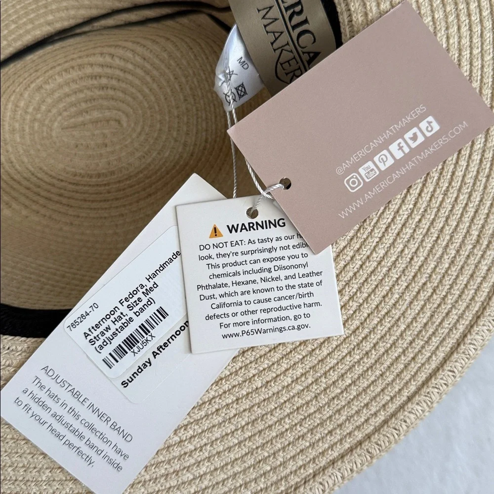 {NWT} American Hat Makers | Afternoon Fedora Handmade Straw Hat Cream/Black (MD) - Picture 14 of 16